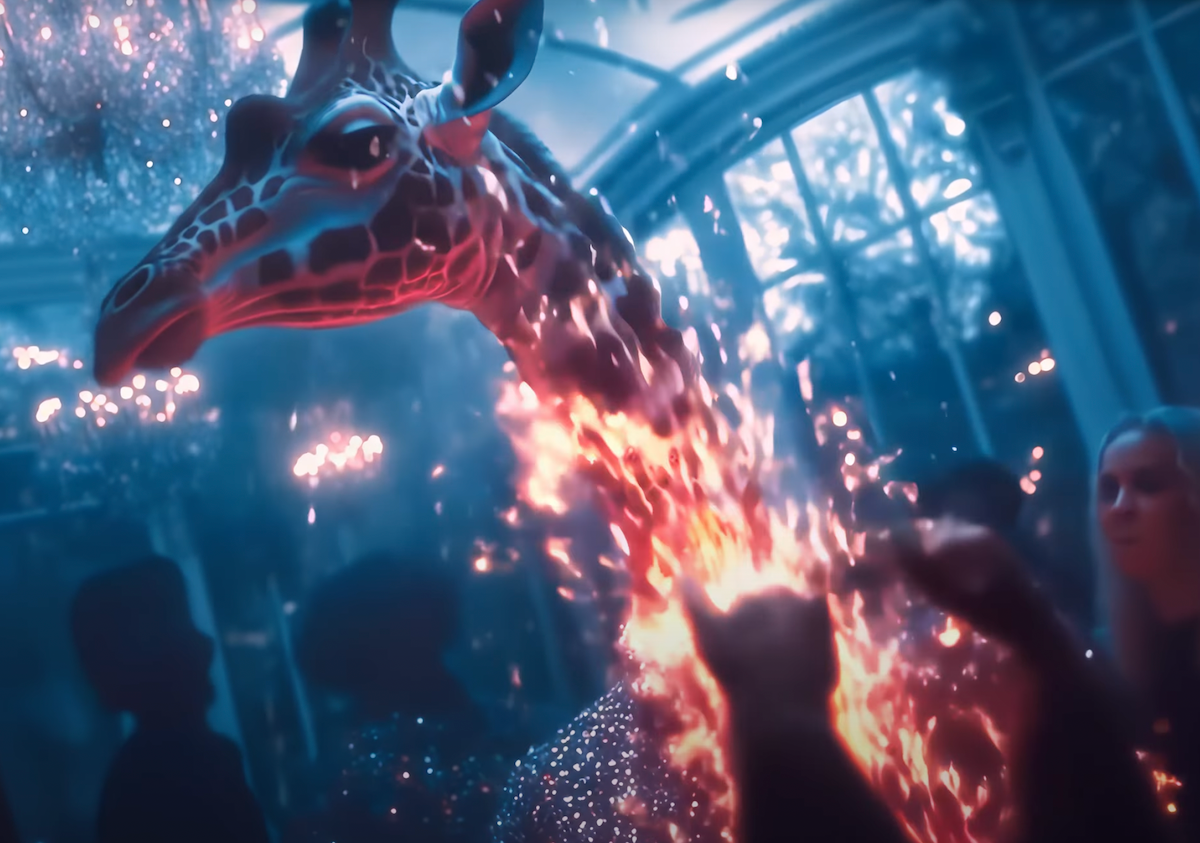 A giraffe is in the middle of the frame, surrounded by sparks, and people inside a house with a chandelier.